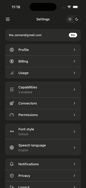 Uni Chat account and settings screen 1
