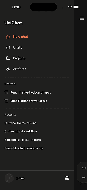 Uni Chat drawer and onboarding screen 3