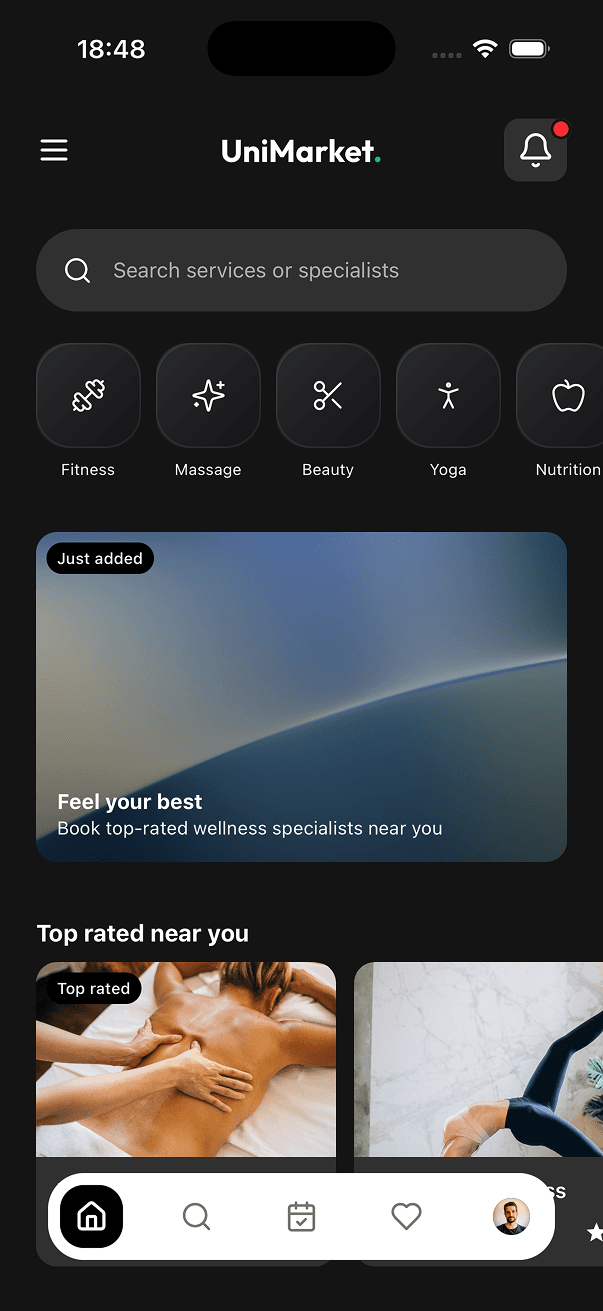 UniMarket dark mode screen 1