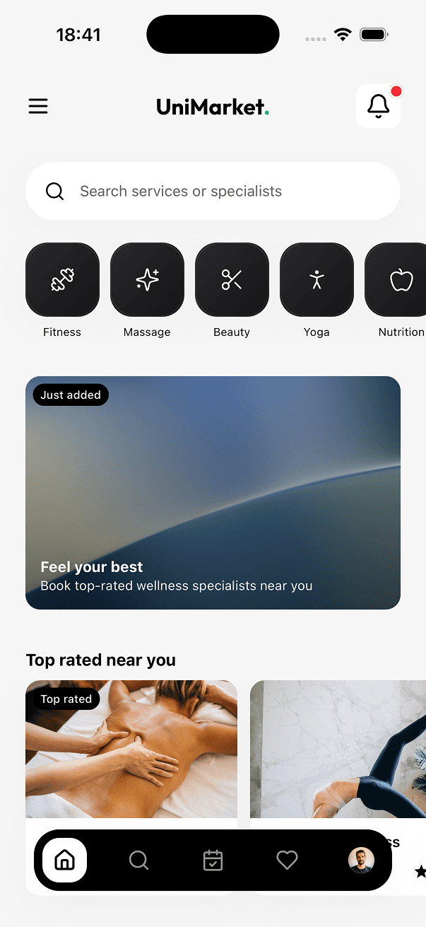 UniMarket home and discovery screen 1