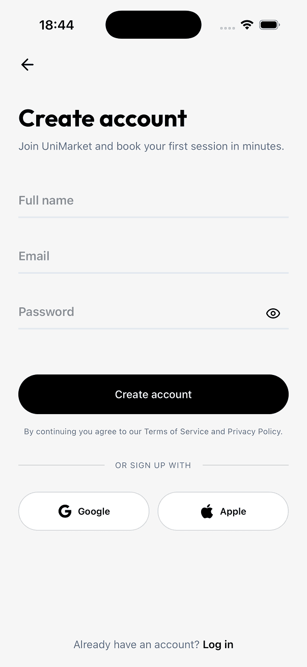 UniMarket onboarding and auth screen 3