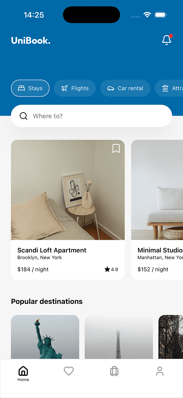 UniBook home and search screen 1