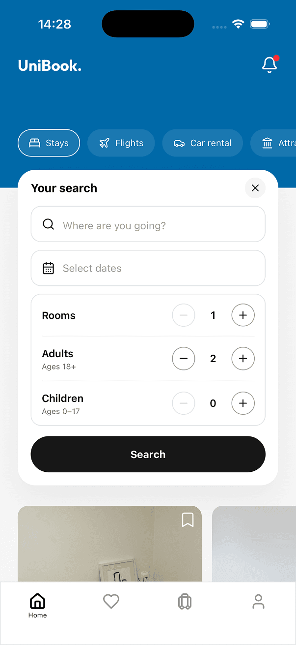 UniBook home and search screen 2