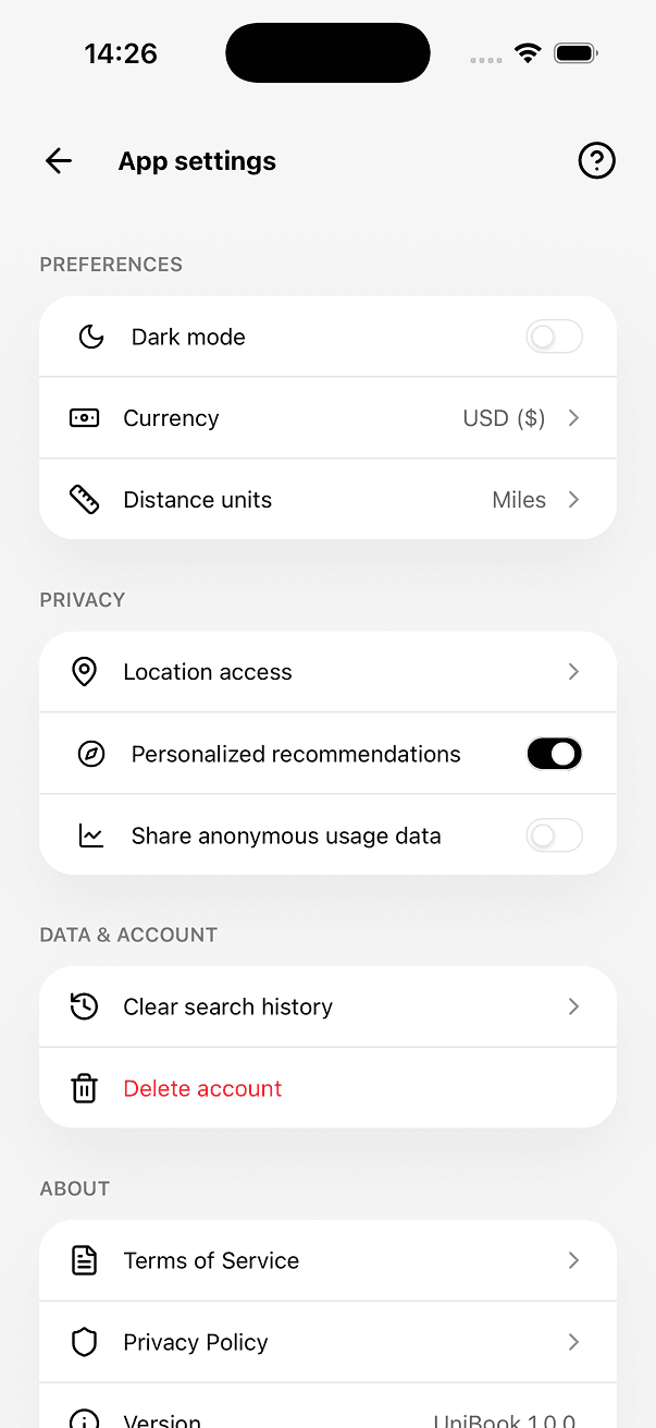 UniBook account and settings screen 2