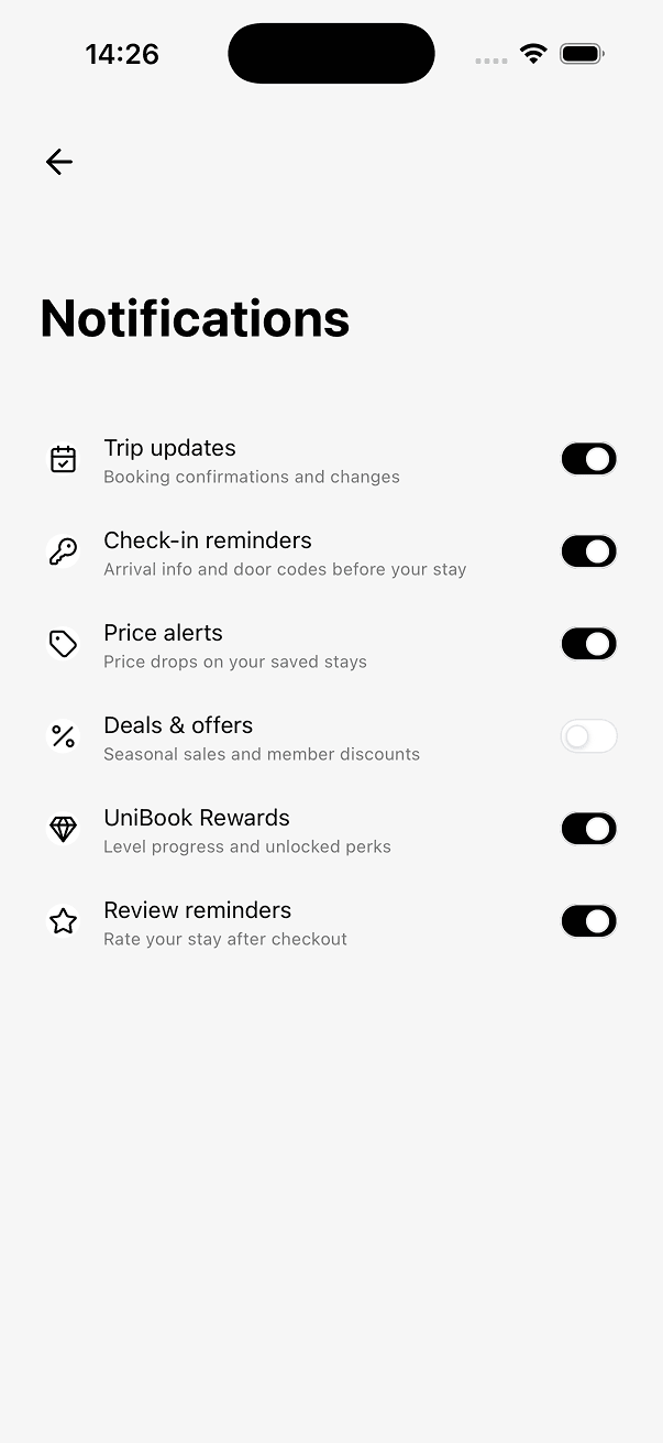 UniBook account and settings screen 3