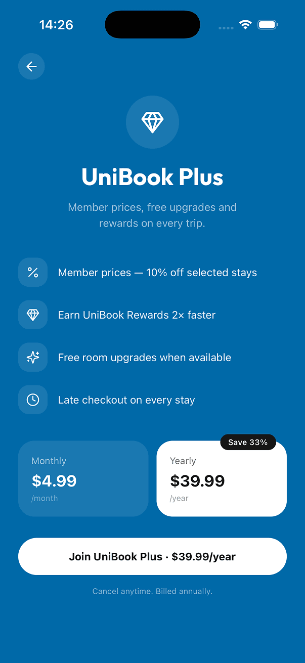 UniBook account and settings screen 5